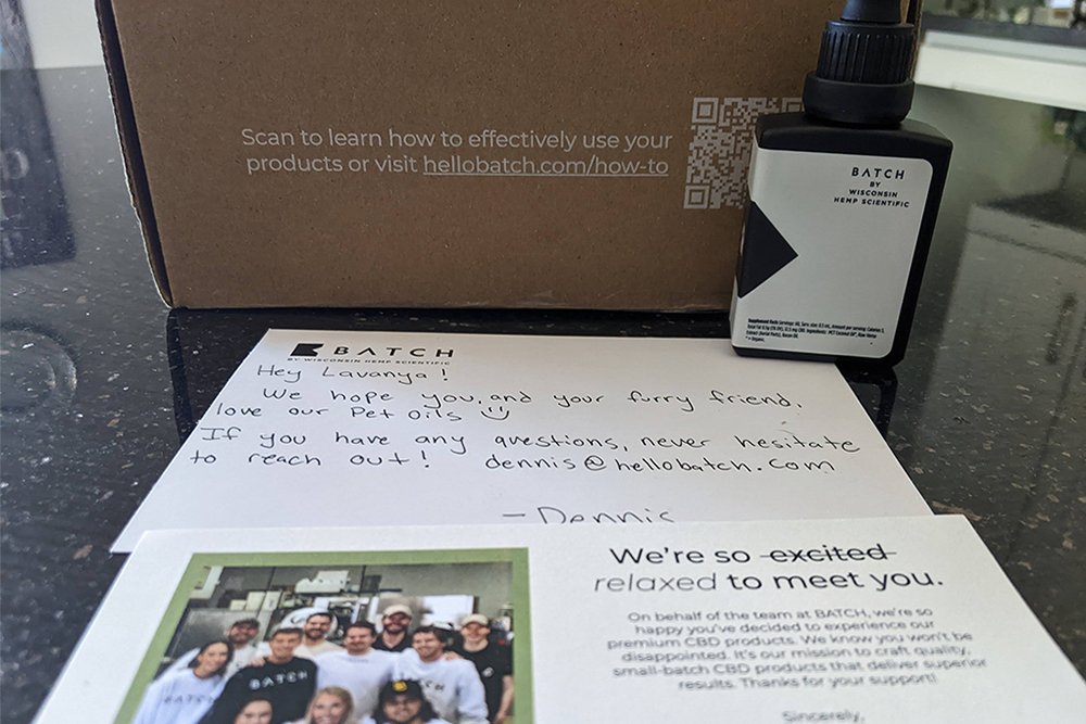 box of BATCH products with note writer received