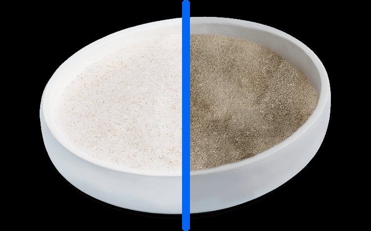side by side image of pretty litter vs traditional clay litter